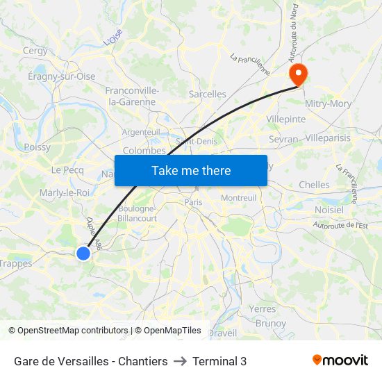 Gare de Versailles - Chantiers to Terminal 3 map