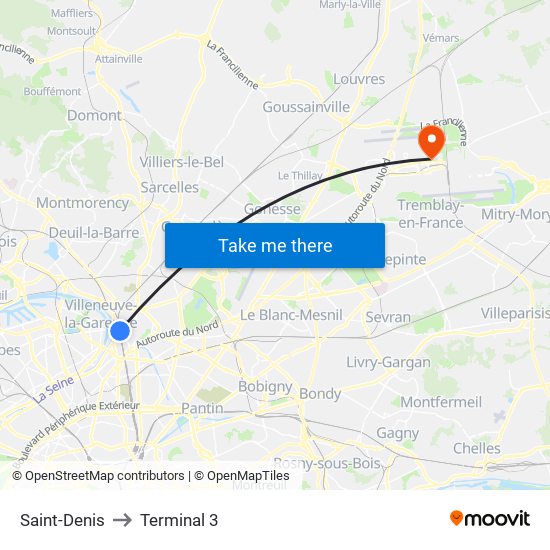 Saint-Denis to Terminal 3 map