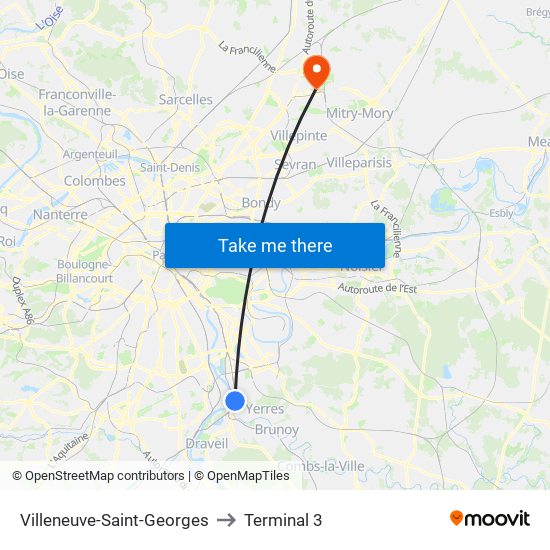 Villeneuve-Saint-Georges to Terminal 3 map