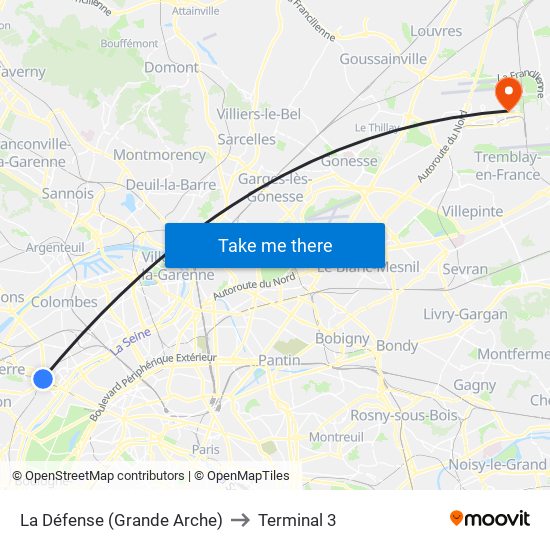 La Défense (Grande Arche) to Terminal 3 map