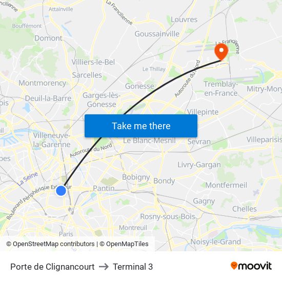 Porte de Clignancourt to Terminal 3 map