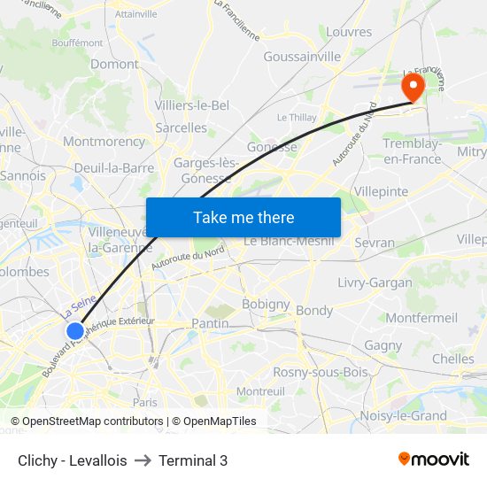 Clichy - Levallois to Terminal 3 map