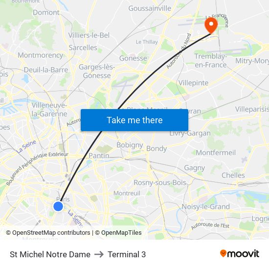 St Michel Notre Dame to Terminal 3 map