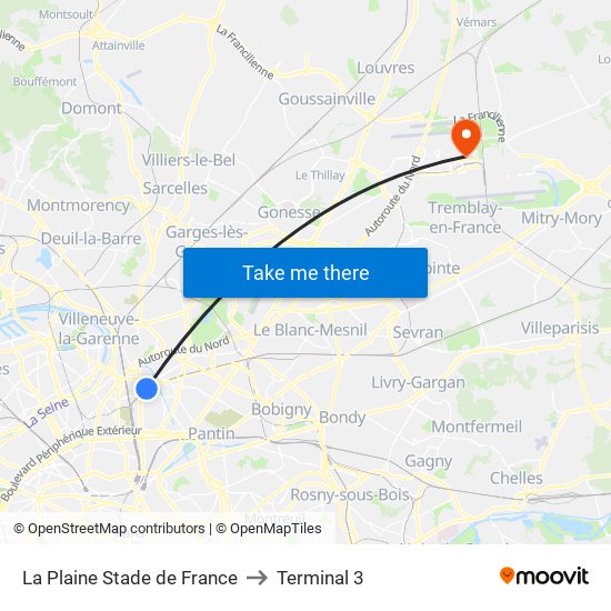 La Plaine Stade de France to Terminal 3 map