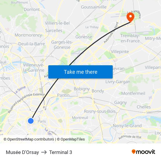 Musée D'Orsay to Terminal 3 map