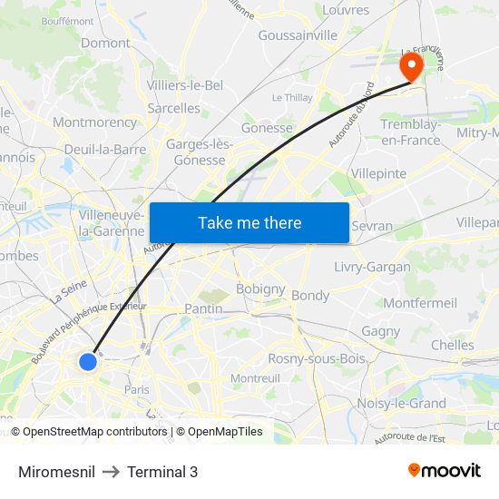 Miromesnil to Terminal 3 map