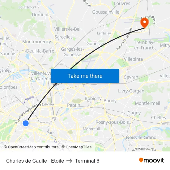Charles de Gaulle - Etoile to Terminal 3 map