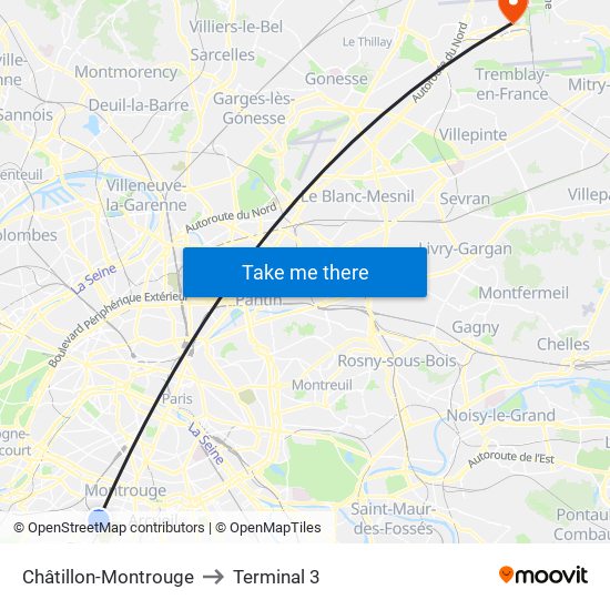 Châtillon-Montrouge to Terminal 3 map