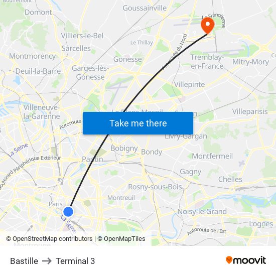 Bastille to Terminal 3 map