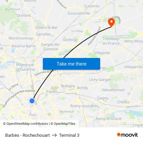 Barbès - Rochechouart to Terminal 3 map