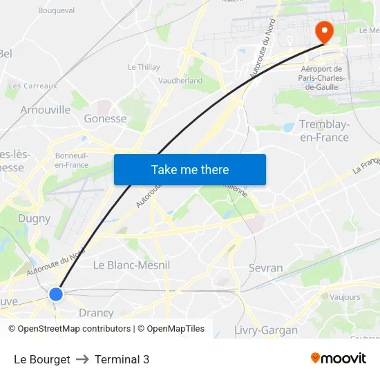 Le Bourget to Terminal 3 map