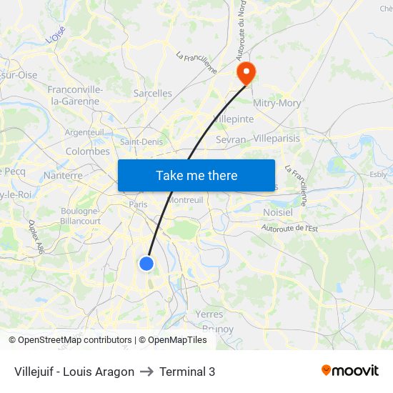 Villejuif - Louis Aragon to Terminal 3 map