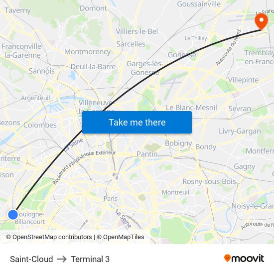 Saint-Cloud to Terminal 3 map