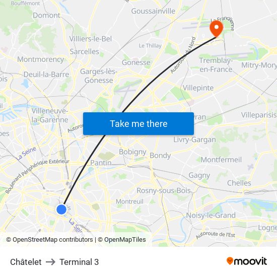 Châtelet to Terminal 3 map