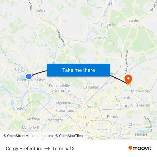 Cergy Préfecture to Terminal 3 map