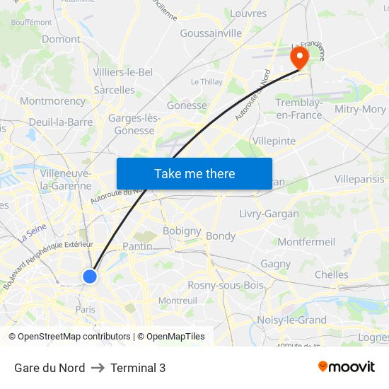 Gare du Nord to Terminal 3 map