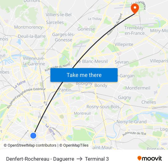 Denfert-Rochereau - Daguerre to Terminal 3 map