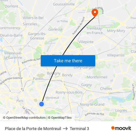 Place de la Porte de Montreuil to Terminal 3 map