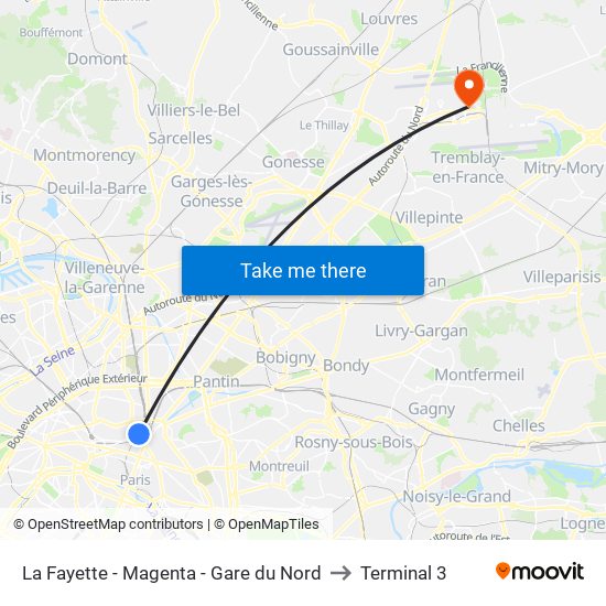 La Fayette - Magenta - Gare du Nord to Terminal 3 map