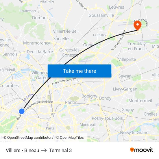 Villiers - Bineau to Terminal 3 map