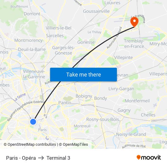 Paris - Opéra to Terminal 3 map