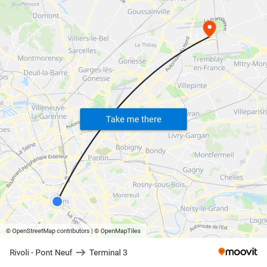 Rivoli - Pont Neuf to Terminal 3 map
