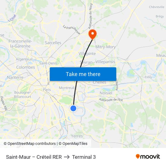 Saint-Maur – Créteil RER to Terminal 3 map