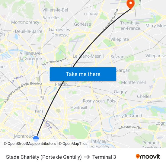 Stade Charléty (Porte de Gentilly) to Terminal 3 map