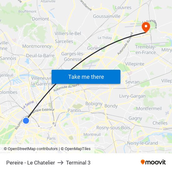 Pereire - Le Chatelier to Terminal 3 map