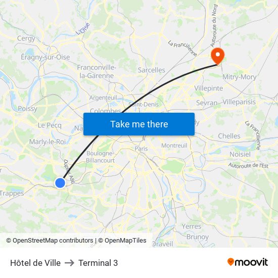Hôtel de Ville to Terminal 3 map