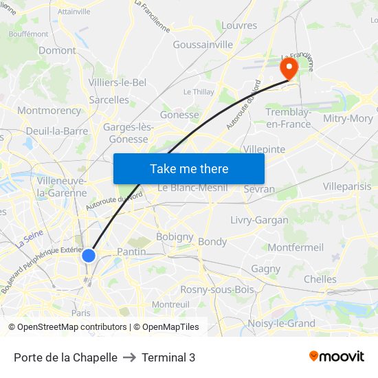 Porte de la Chapelle to Terminal 3 map