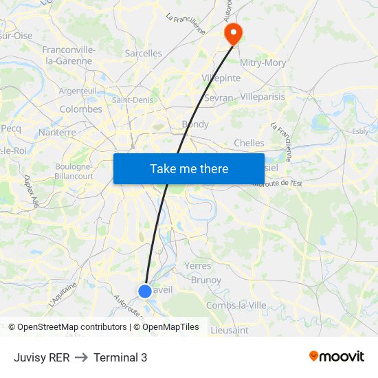Juvisy RER to Terminal 3 map