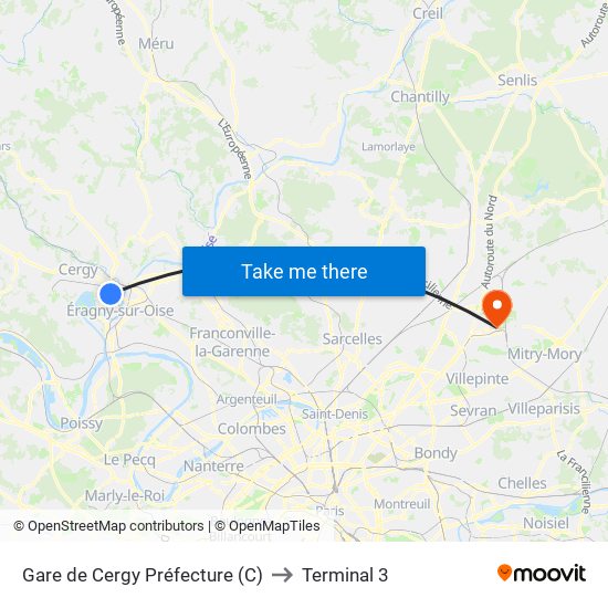 Gare de Cergy Préfecture (C) to Terminal 3 map