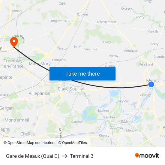 Gare de Meaux (Quai D) to Terminal 3 map