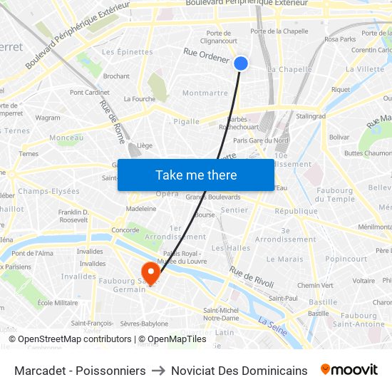 Marcadet - Poissonniers to Noviciat Des Dominicains map