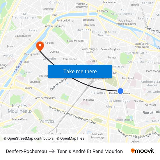 Denfert-Rochereau to Tennis André Et René Mourlon map