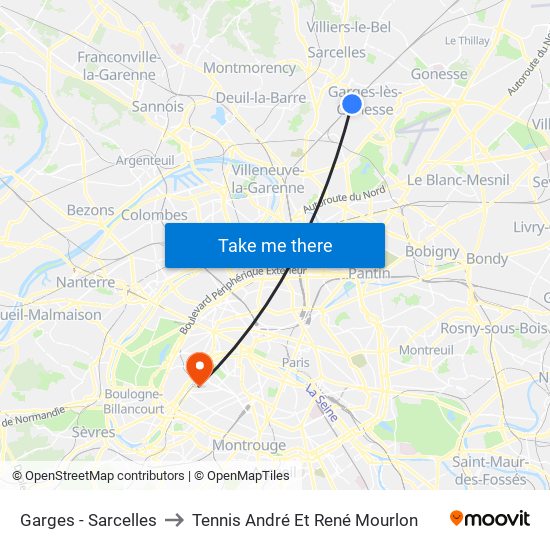 Garges - Sarcelles to Tennis André Et René Mourlon map