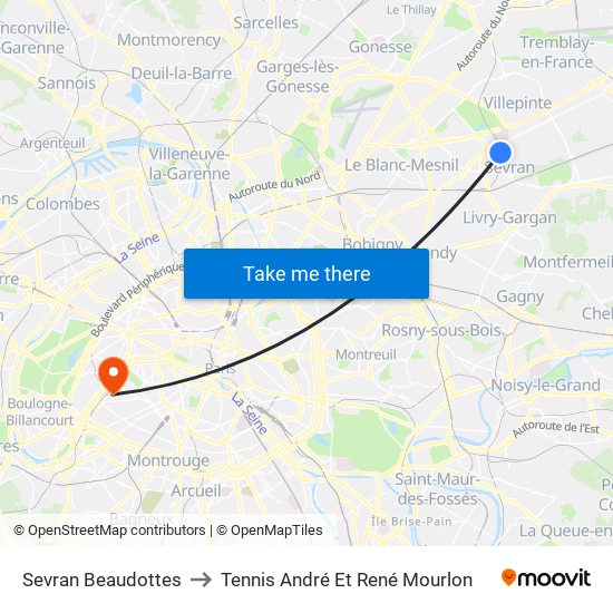 Sevran Beaudottes to Tennis André Et René Mourlon map