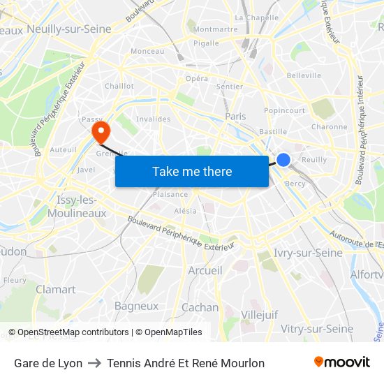 Gare de Lyon to Tennis André Et René Mourlon map