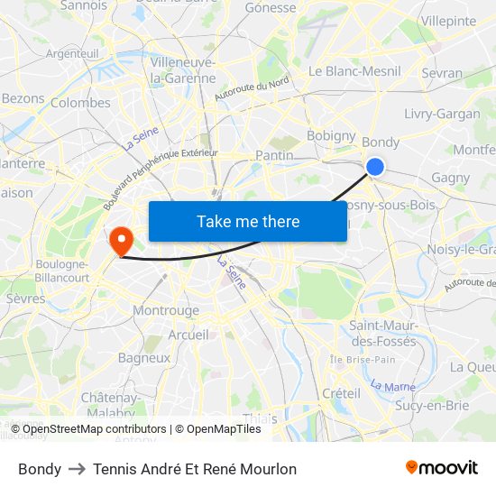 Bondy to Tennis André Et René Mourlon map