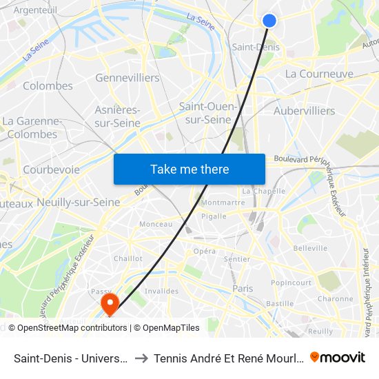 Saint-Denis - Université to Tennis André Et René Mourlon map