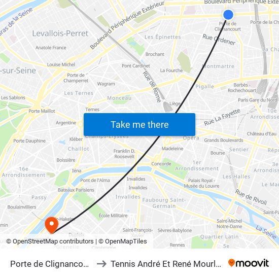 Porte de Clignancourt to Tennis André Et René Mourlon map