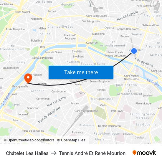 Châtelet Les Halles to Tennis André Et René Mourlon map
