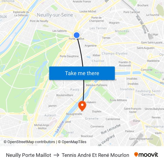 Neuilly Porte Maillot to Tennis André Et René Mourlon map