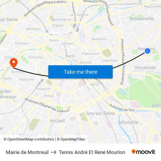 Mairie de Montreuil to Tennis André Et René Mourlon map