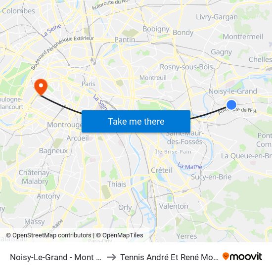 Noisy-Le-Grand - Mont D'Est to Tennis André Et René Mourlon map
