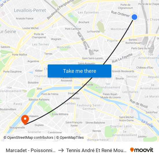 Marcadet - Poissonniers to Tennis André Et René Mourlon map
