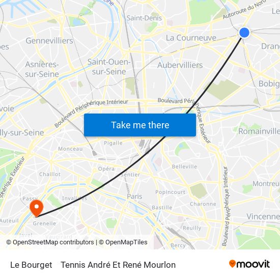 Le Bourget to Tennis André Et René Mourlon map