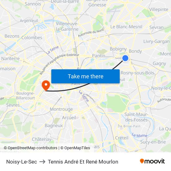 Noisy-Le-Sec to Tennis André Et René Mourlon map