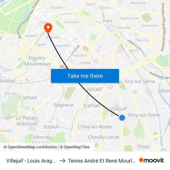 Villejuif - Louis Aragon to Tennis André Et René Mourlon map